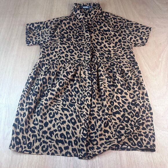 Missguided Leopard Print Mini Dress US 2 Short Sleeve V-Neck Smock Style - Picture 1 of 3